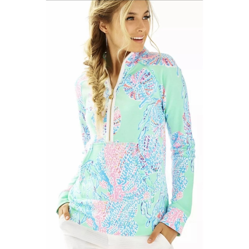 Lilly Pulitzer Skipper 1/2 zip Popover Minty Fresh Fansea Corals Sweatshirt XS